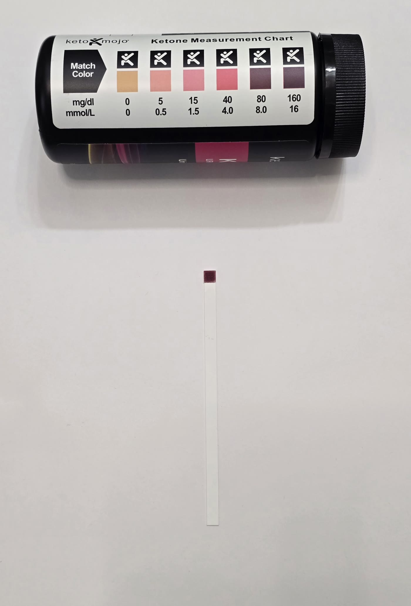 Keto Mojo ketone strip on day 12 next to the color chart