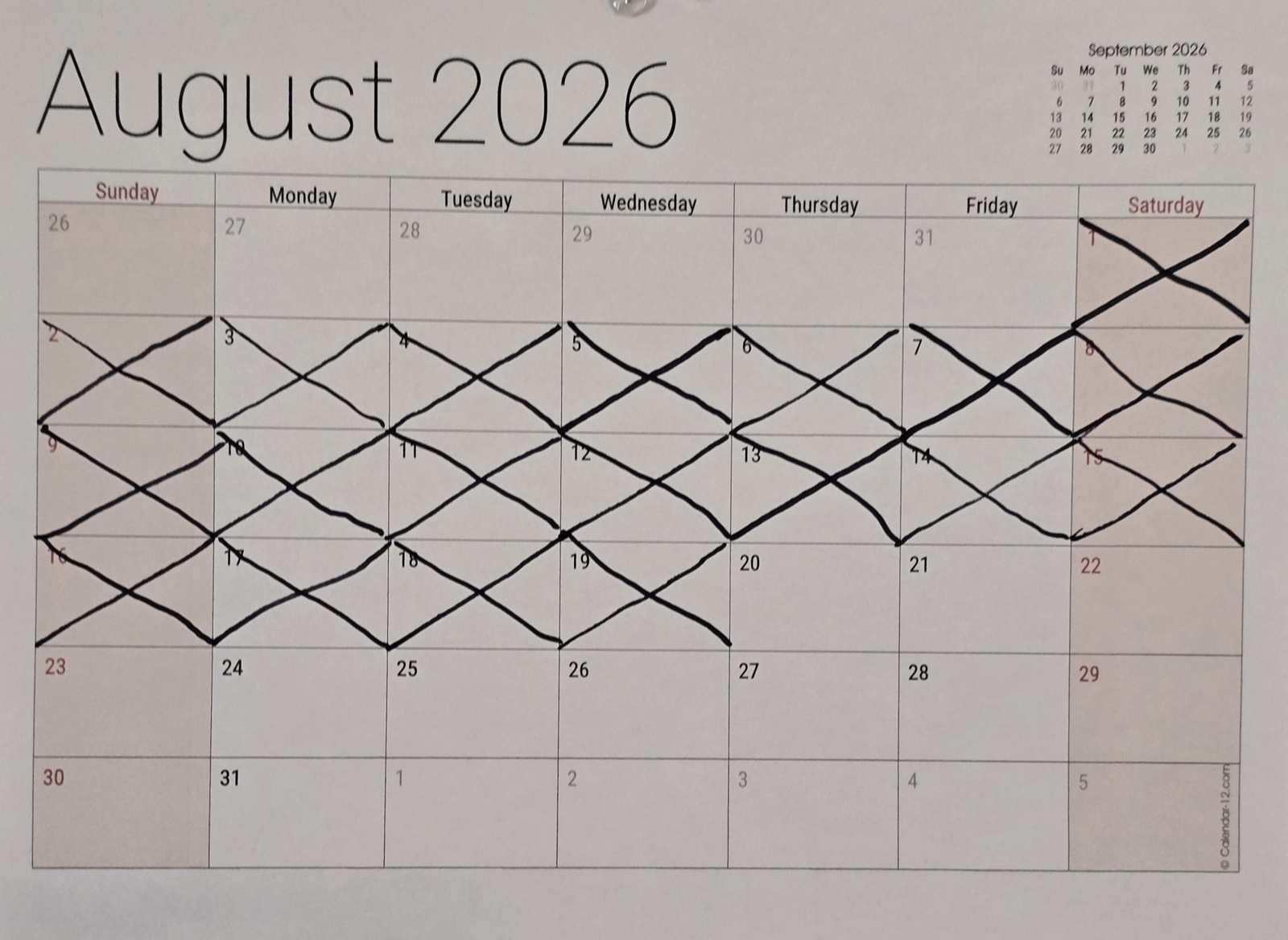 The wall calendar with nineteen days crossed off