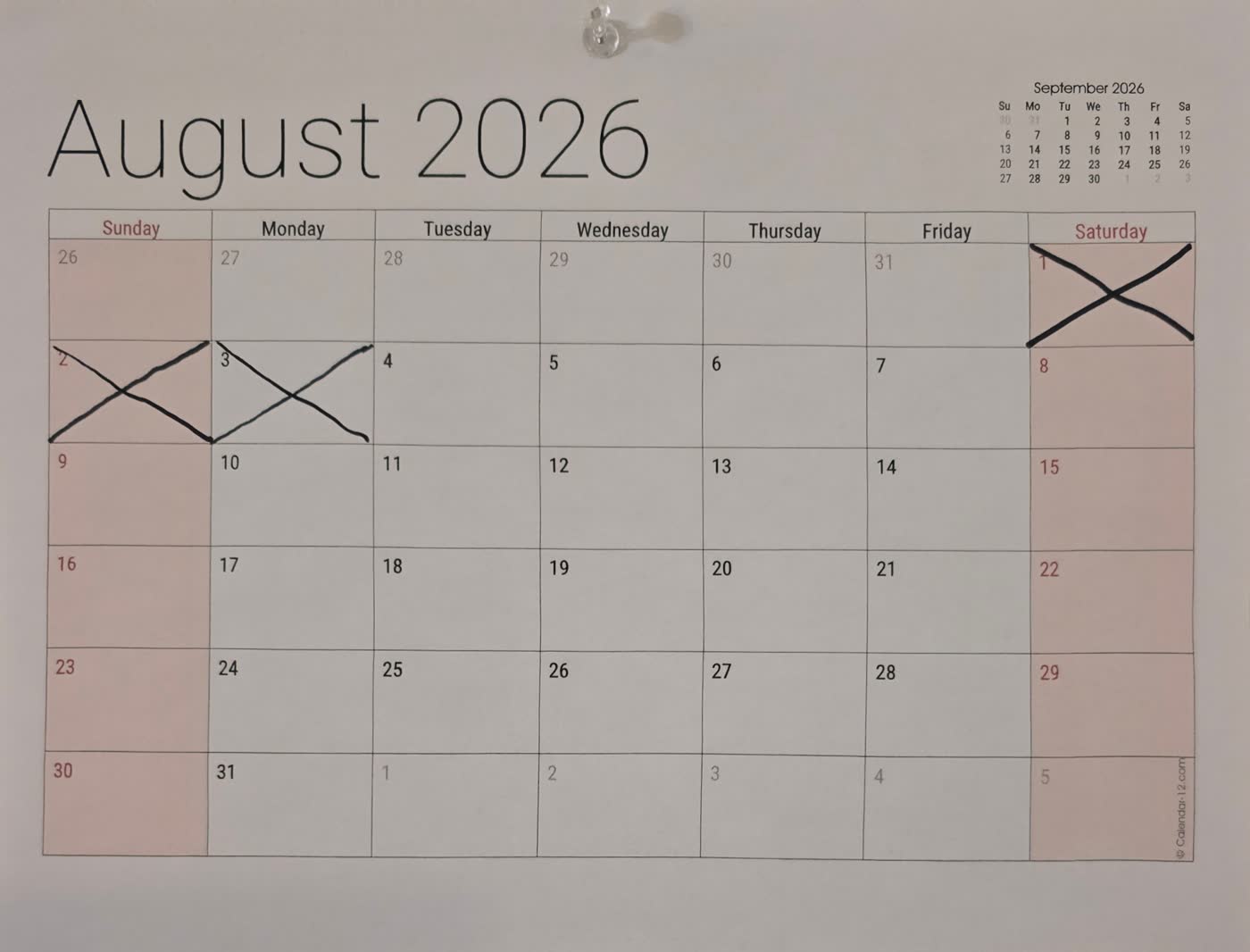 The August calendar with days 1, 2 and 3 crossed off