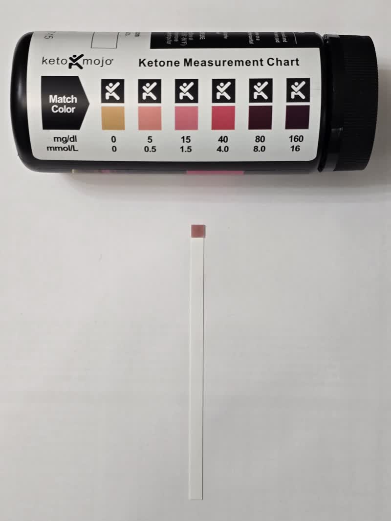Day 38 ketone strip next to the color chart showing 4.0 mmol/L