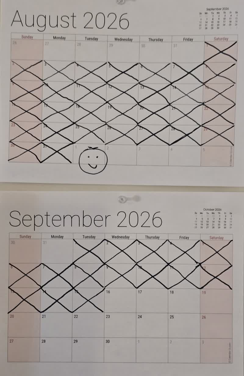 August fully crossed off and September crossed through day 46 on the wall calendar