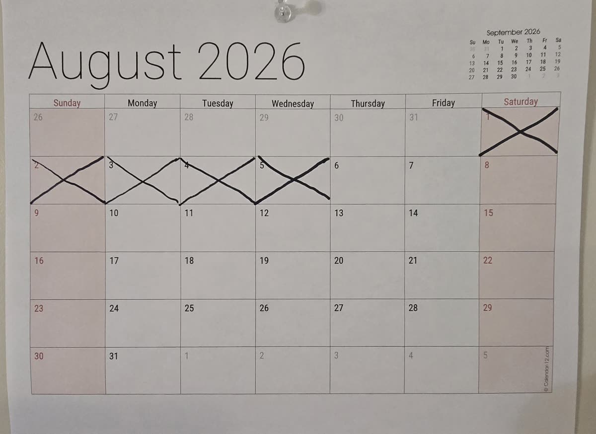 The August calendar with days 1 through 5 crossed off