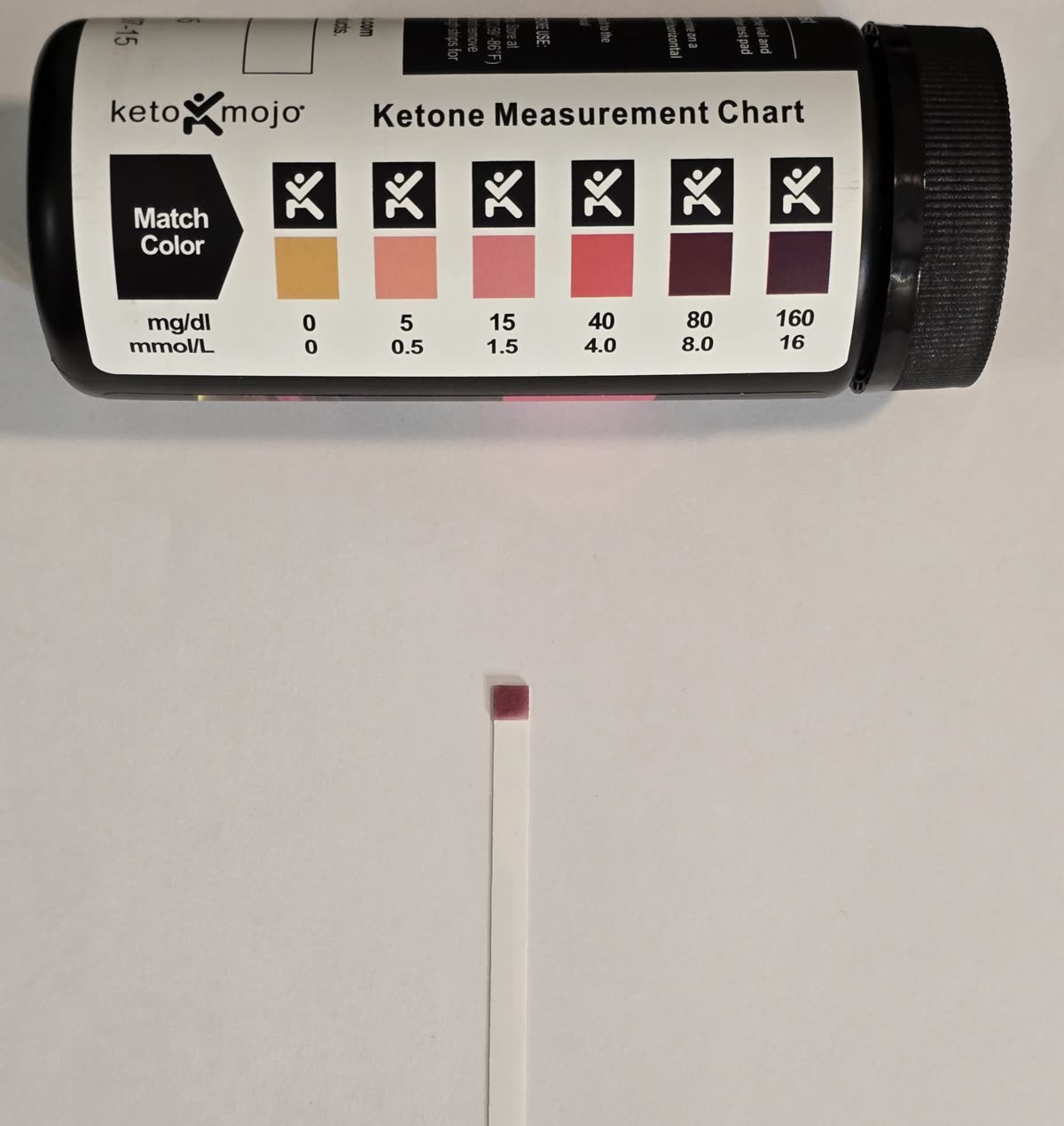 Keto mojo urine ketone strip on the morning of day 5 of the water fast showing a clear ketone reading