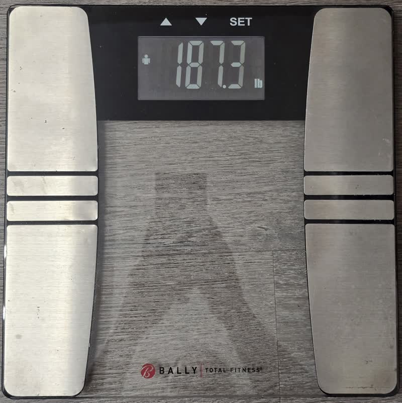 Scale photo from the morning of day 55 reading 187.3 pounds while John logged 187.4