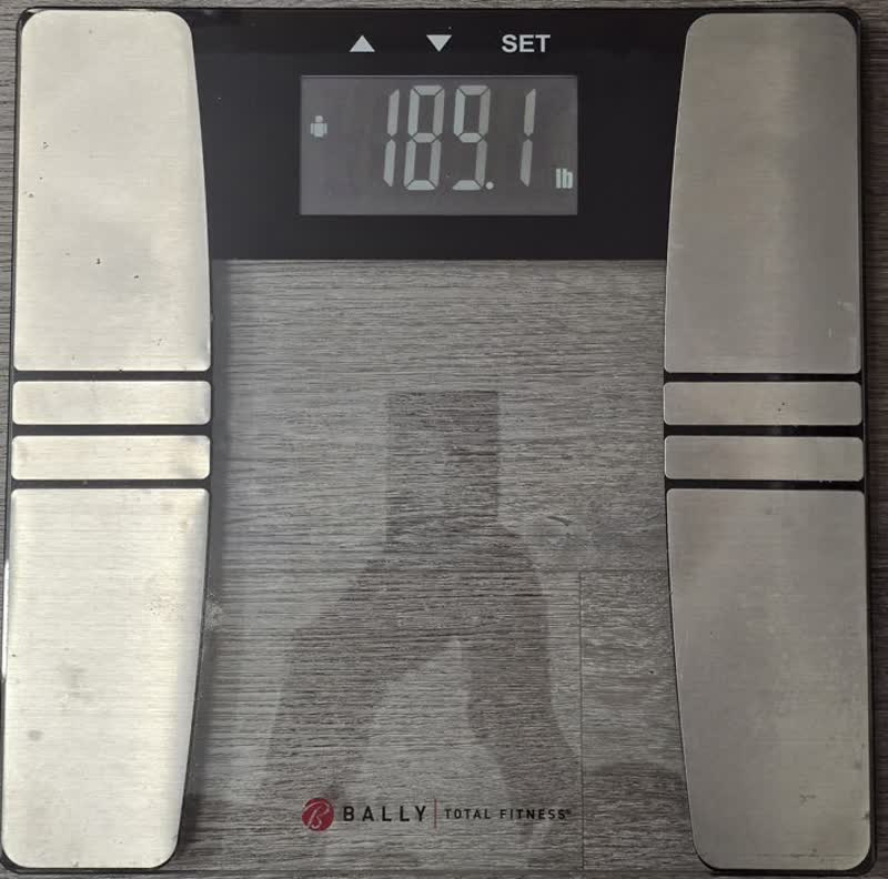 Scale photo from the morning of day 57 reading 189.1 pounds